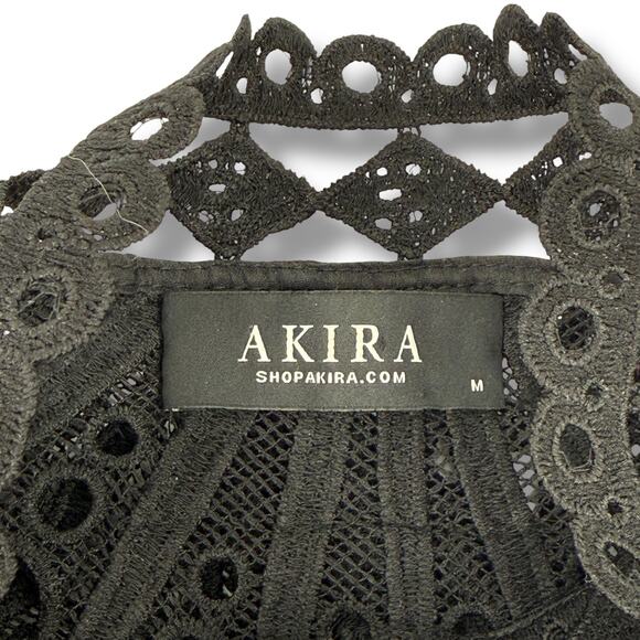 Akira Sheer Eyelet Cutout Shirt High Collar Bell Sleeve Womens Sz Medium Black - Picture 6 of 7